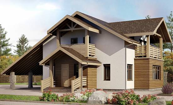 155-010-Л Проект двухэтажного дома с мансардой и гаражом, компактный коттедж из бризолита Железногорск | Проекты домов от House Expert