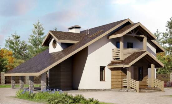 155-010-Л Проект двухэтажного дома с мансардой и гаражом, компактный коттедж из бризолита Железногорск | Проекты домов от House Expert
