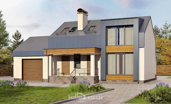 150-015-П Проект двухэтажного дома с мансардным этажом, гараж, недорогой дом из блока Железногорск | Проекты домов от House Expert