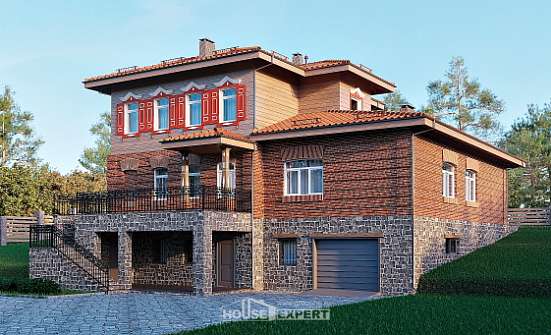 380-002-Л Проект трехэтажного дома и гаражом, красивый коттедж из кирпича Курчатов | Проекты домов от House Expert