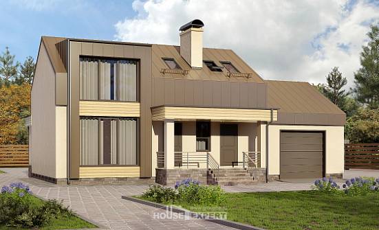 150-015-Л Проект двухэтажного дома с мансардой и гаражом, простой коттедж из пеноблока Железногорск | Проекты домов от House Expert